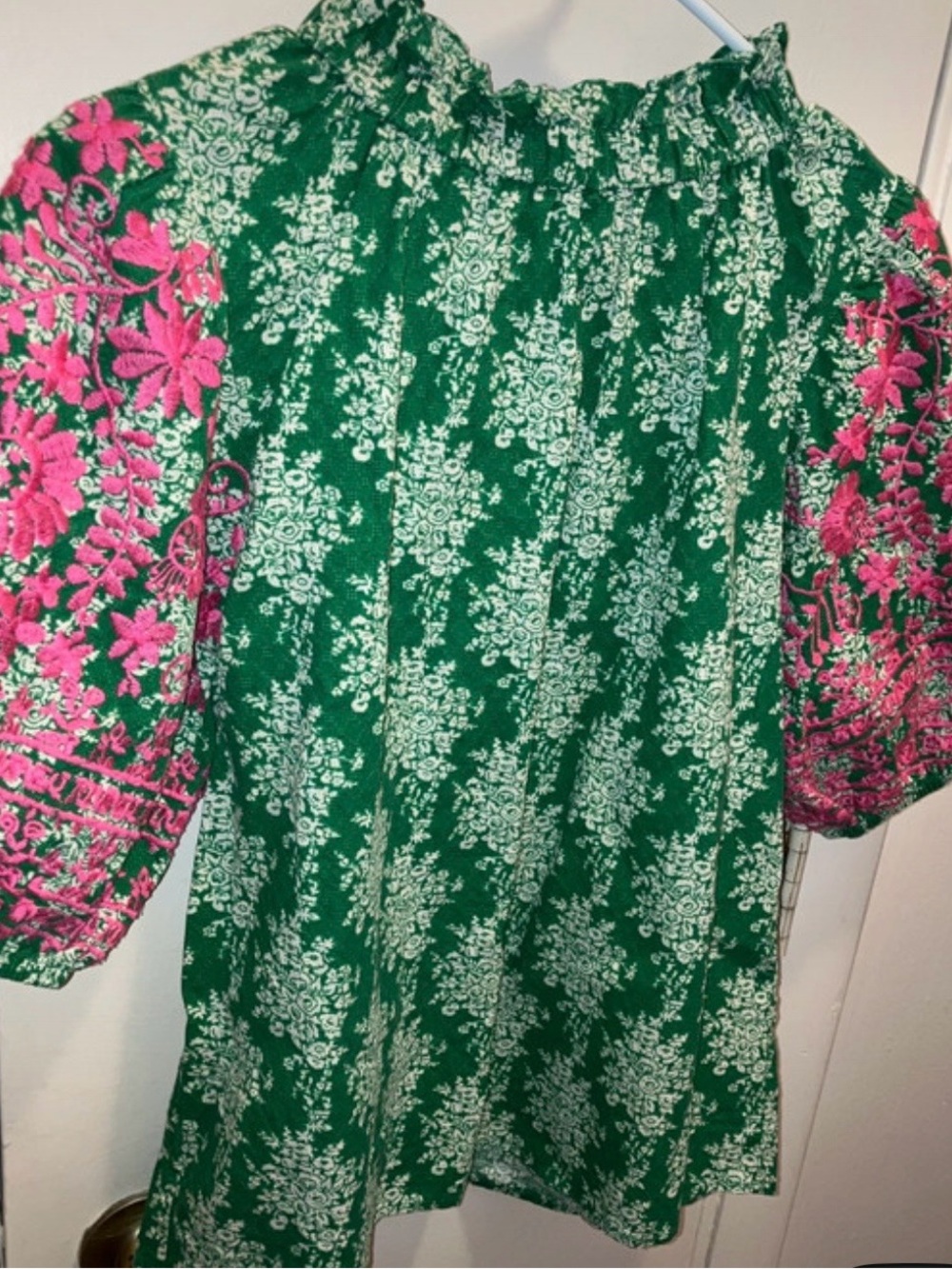 THML Green Floral Peasant Top with Hot Pink Embroidered Sleeves size S